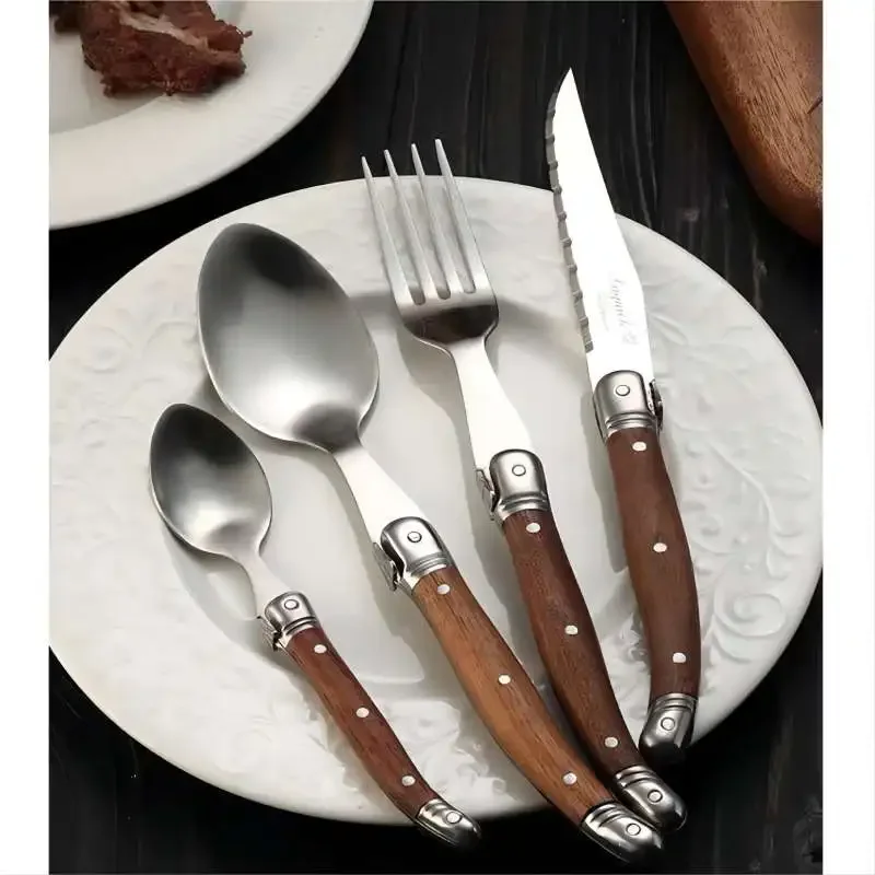 4-24Pcs Japanese Dinner Knife And Forks Laguiole Steak Knives Fork Spoon Wood Cutlery Stainless Steel Wooden Dinnerware Set