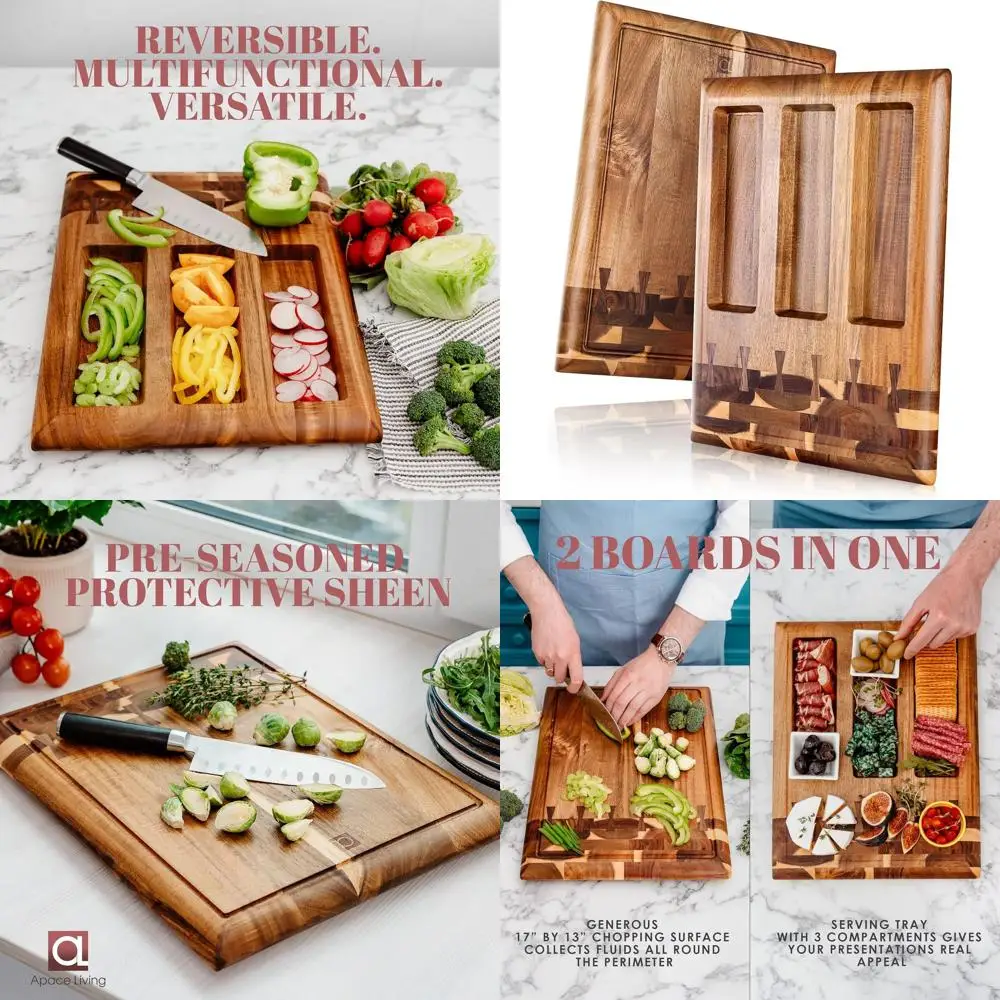 

Eco-Friendly Acacia Wood Chopping Board - Large Kitchen Butcher Block with Juice Groove, 3-Section Serving Tray, 17x13x1.5