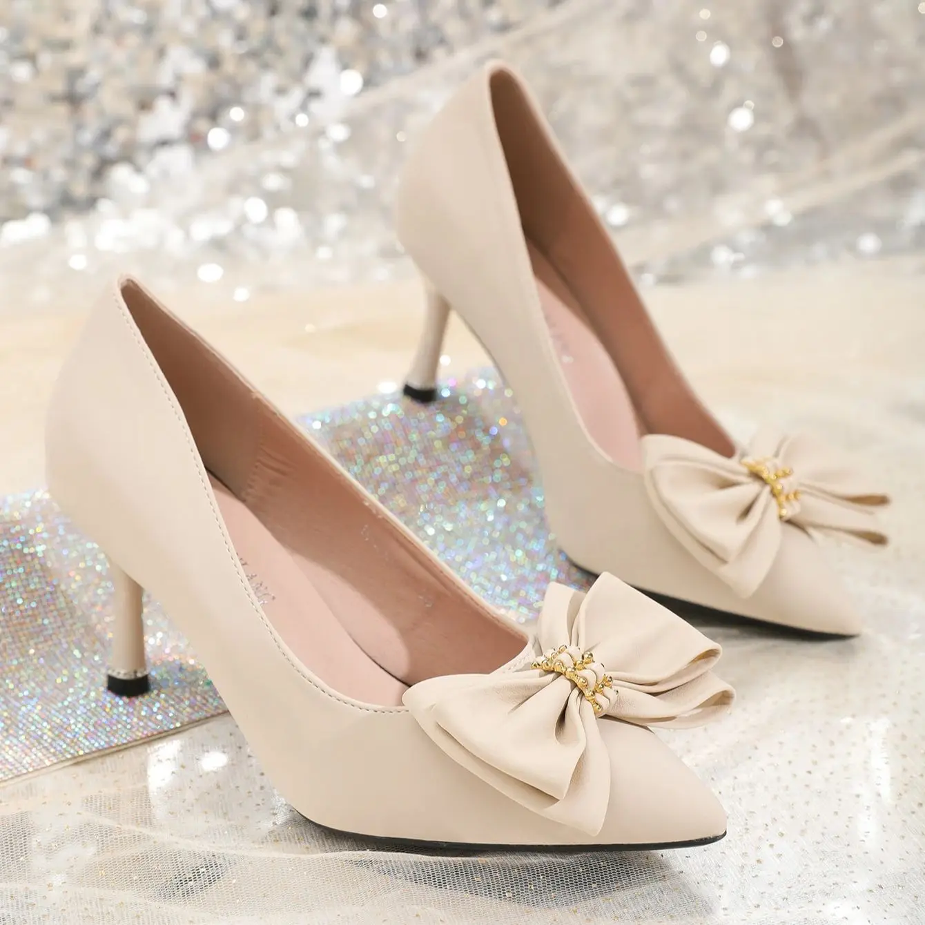 Pointy bow bow gentle elegant stiletto with light-mouthed single shoes