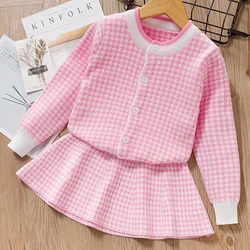 Bear Leader Girls Sets 2023 New Spring Pink Houndstooth Knitted Suits Long Sleeve Plaid Sweater+Skit 2Pcs Kids Suits For 3-7Y