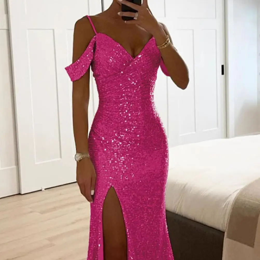 Women Sequin Suspender Dress Long Dress Elegant Sequin Ball Gown for Prom Wedding Parties Off Shoulder V Neck Maxi for Banquets