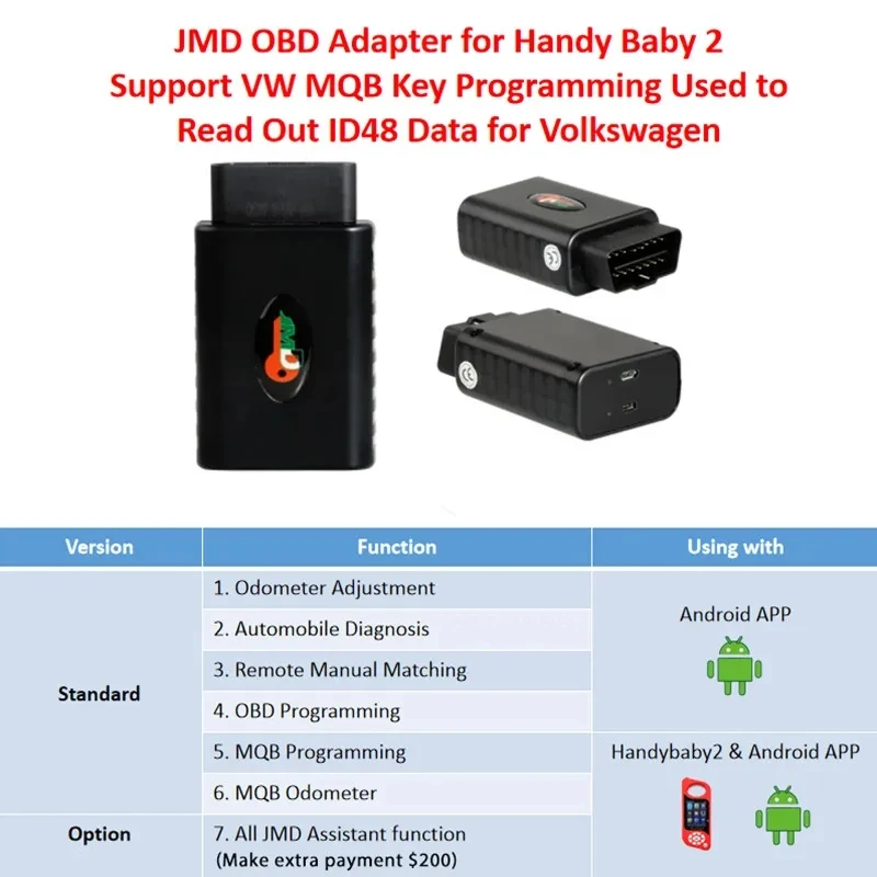 Oryginalny adapter JMD OBD do Handy Baby 2, używany do odczytu danych ID48 do samochodów V-olkswagen JMD OBD, inny z asystenta JMD