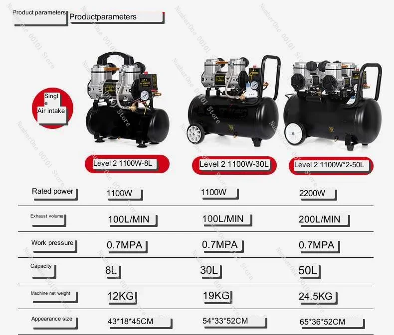 Imagem -03 - Único Air Inlet Air Compressor Bomba Óleo Livre Pintura de Carpinteiro Preto Reparação Automática Dental 2200w 50l 200l por Min 0.7mpa