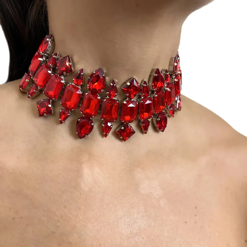 Stonefans Red Geometric Necklace for Women Y2k Wholesale Full Elegant Wedding Collar Torques 2024 Fashion Jewelry for Neck Gifts