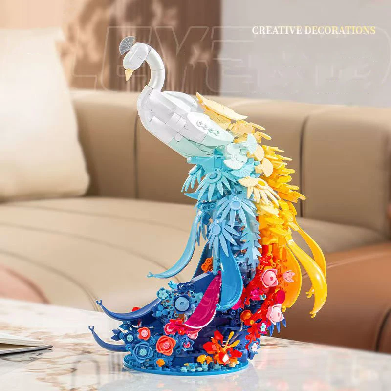 Idea Animal Birds Block Flower Colorful Peacock Building Bricks Construction Model Toys Collection With Light For Girls Gifts