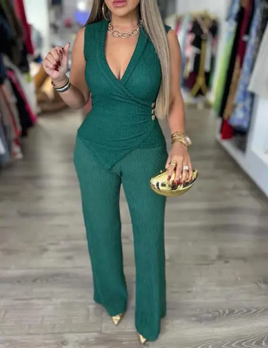 طقم مكون من قطعتين ملابس نسائية جديدة متداخلة عميقة على شكل حرف v بدون أكمام بزر جانبي ديكور بحاشية غير متماثلة طقم سراويل واسعة الساق غير رسمية