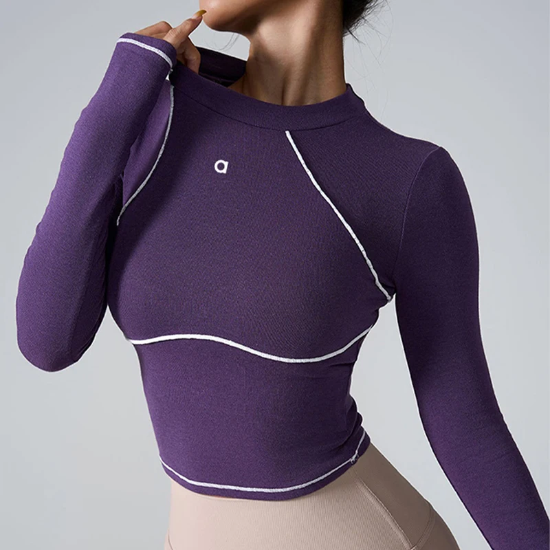 Cor personalizada Bloqueio Nude Long Sleeved Yoga Suit para Mulheres, Fitness T-Shirt, Running Suit