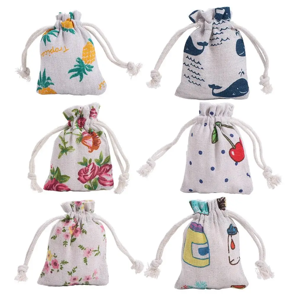 Dustproof Mini Drawstring Linen Pouch Flower Cartoon Packaging Coin Purse Cherry Whale Jewelry Storage Bag Gift Bag