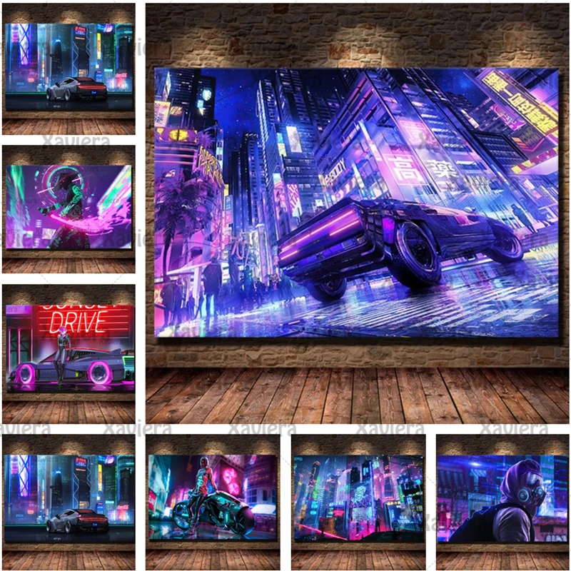 Canvas Art Painting Future Sci-Fi Punk Style Artwork Night City Street Scenery Poster Technology Wall Picture Home Decoration
