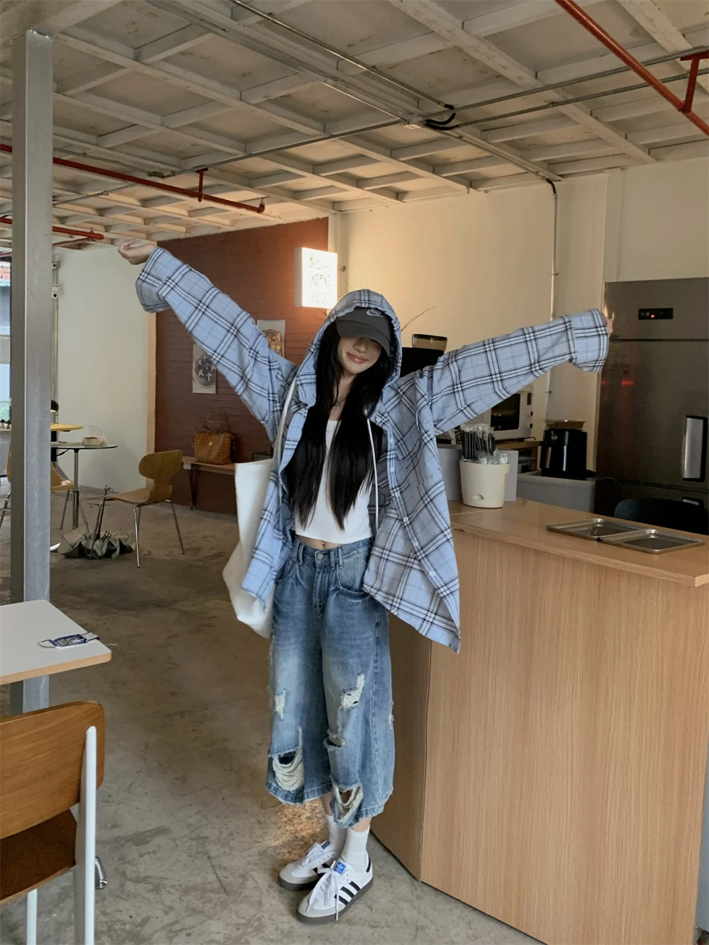 

Korean style Plaid Loose Fit Hooded Shirt, Women's Stylish Casual Top