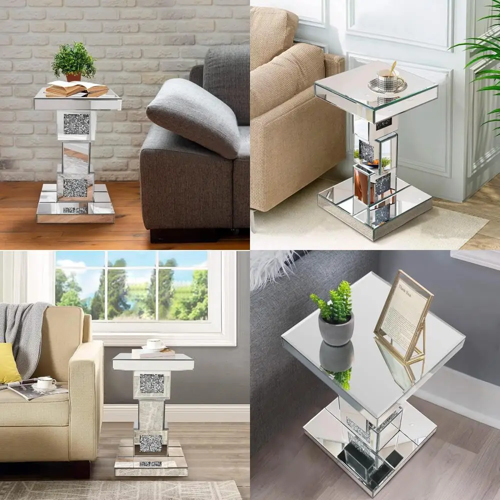 

Modern Crystal-Accented Square End Table, Sleek Silver Coffee Table for Living Room and Bedroom