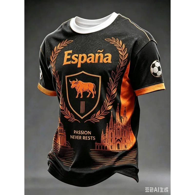 Men's Spain Soccer T-Shirt, Black Orange 3D Print Top With Sagrada Família Pattern, Customized For Spain Football Supporters