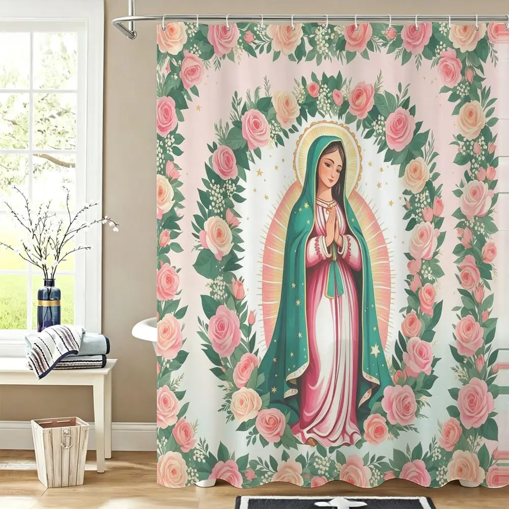 Virgin Mary Shower Curtain Floral Rose Print Waterproof Fabric Religious Bathroom Decor Christian Home Gift Spiritual Bath Set