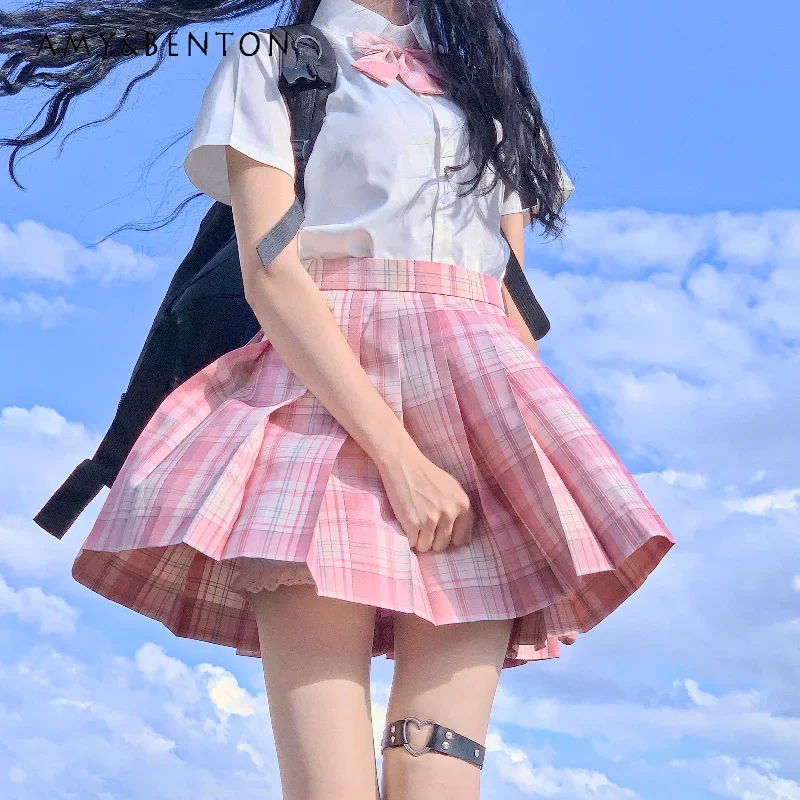 2024 New Japanese Jk Uniform Casual Style Summer Pink Waist Thin Slim Pleated Fashionable and Versatile Comfortable Skirt Girls