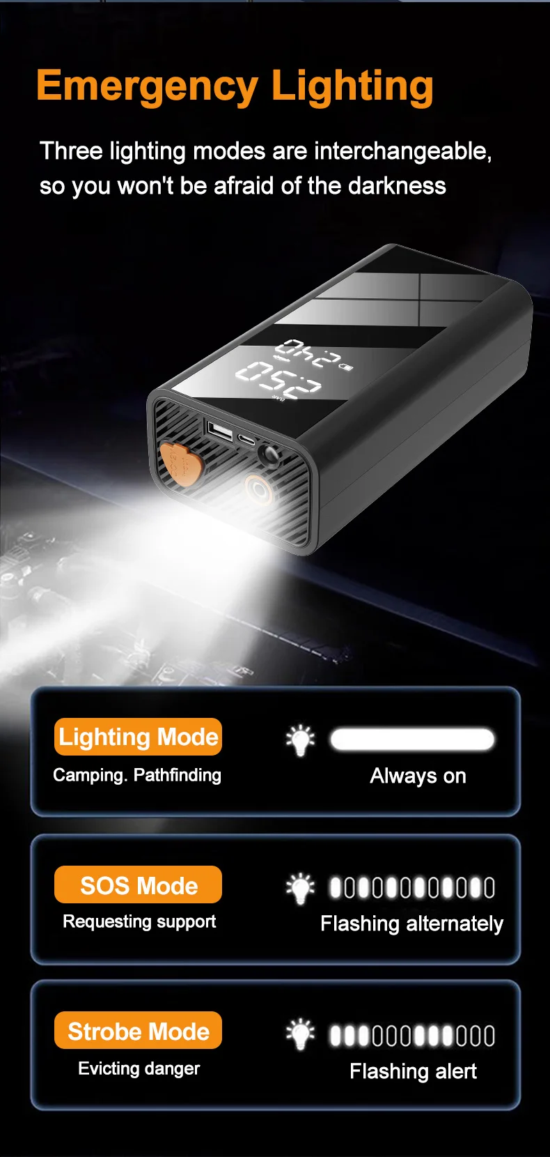 All-in-One-Auto-Starthilfe und Luftkompressor, 1200 A, 150 PSI, 12 V, automatischer Reifenfüller mit Powerbank, Notfallset – Detail 11