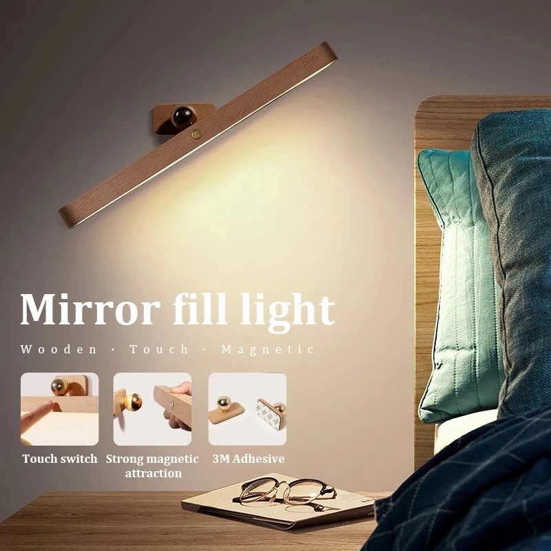 

4000K LED Wooden Mirror Front Fill Light 360°Rotate Rechargeable Magnetic Wall Lamp for Cabinet Wardrobe Bedroom Bedside Lamps