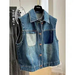 Denim Vest for Women Polo-neck Waistcoats Aesthetic Casual Cardigans Korean Style Oversized Sleeveless Coats Women Clothing