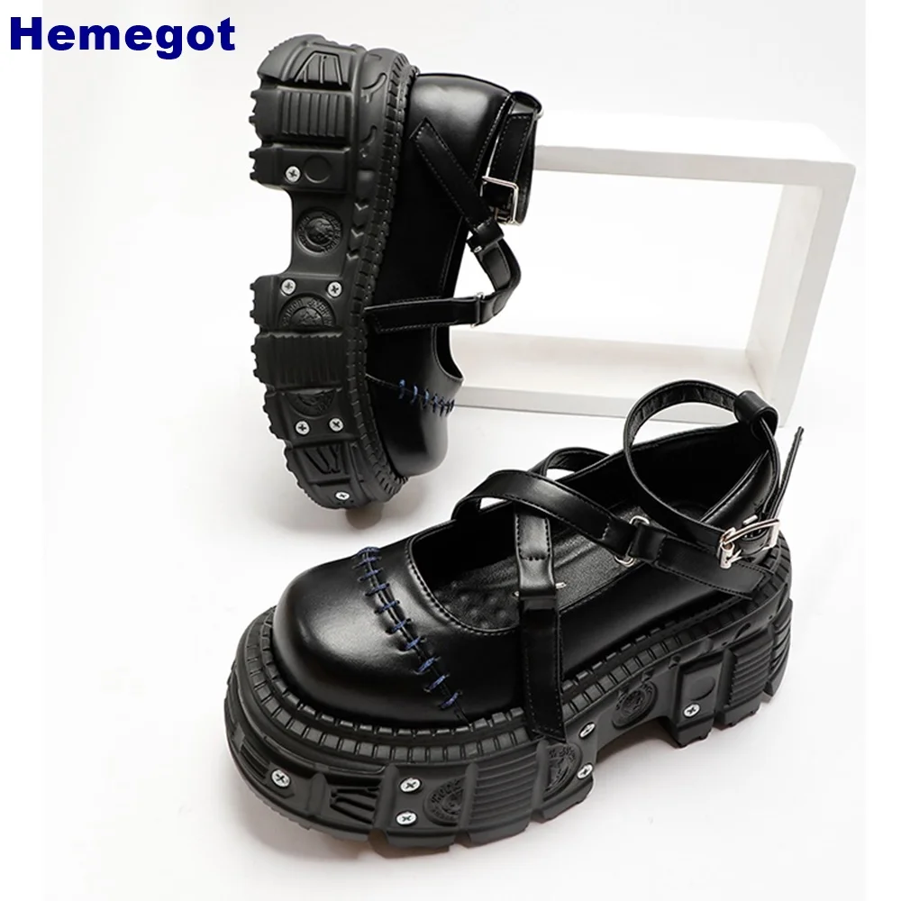 

Platform Metal Rivet Mary Janes Round Toe Cross Tied Buckle Lolita Shoes 2025 New Black Punk Ankle Buckle Fashion Women Shoes