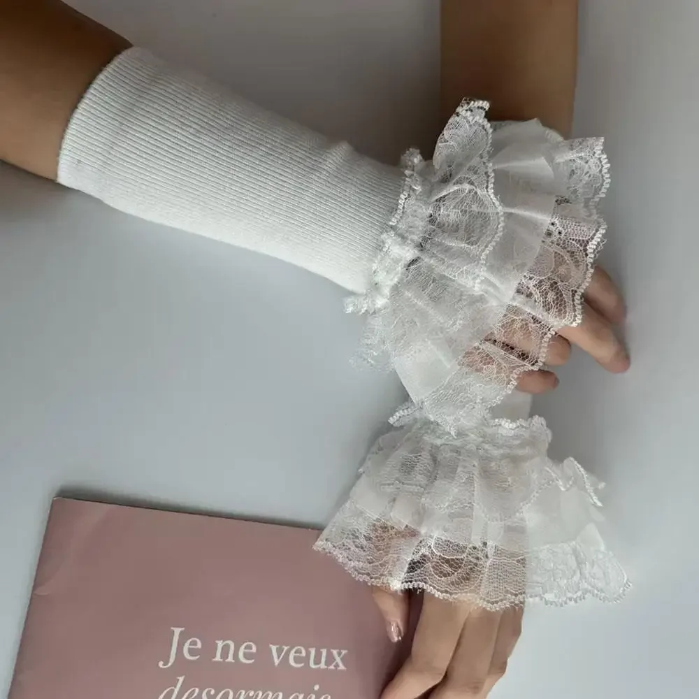 Lace Ruffles Cuff Long Elastic Lolita Knitted Lace Sleeves Arm Covers Wrist Cuffs Winter Sweater Decorative Sleeves