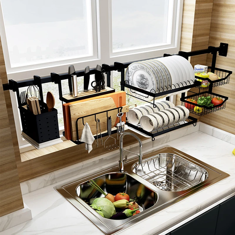 

Stainless Steel Kitchen Storage Rack Wall-Mounted Black Draining Bowl Rack Punch-Free Window Sill Storage Rack Wall-Mounted Hook