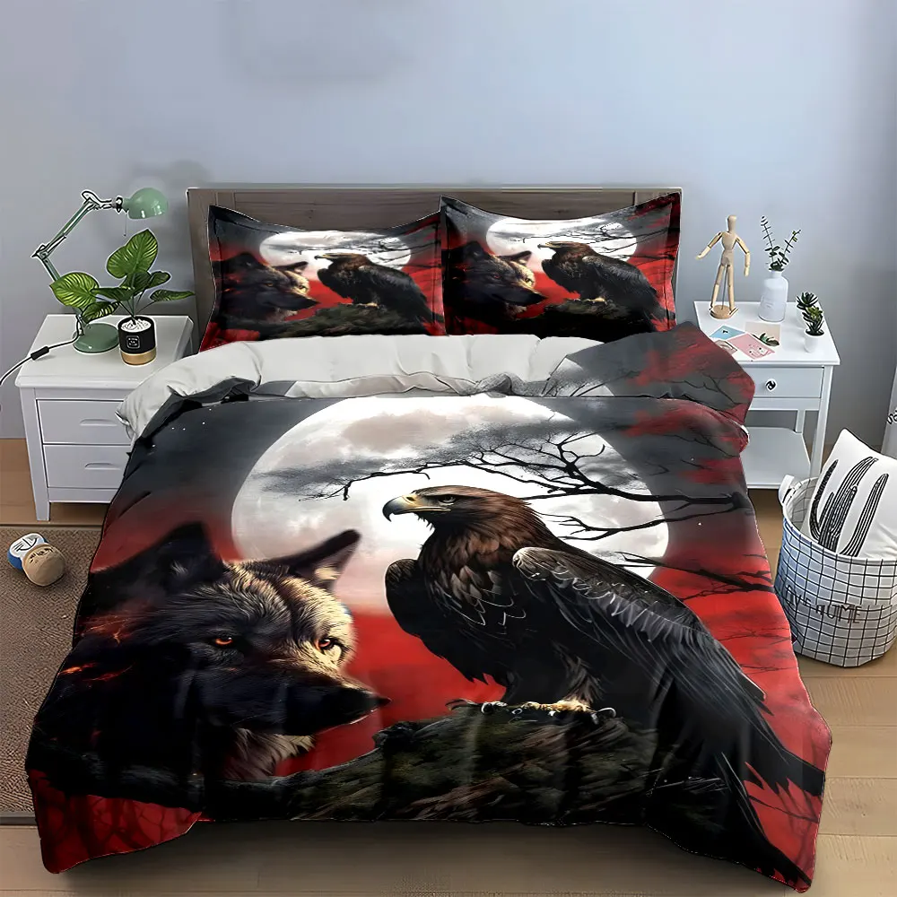 Wolf Eagle Moonlight Artwork Decor Bedding Set with 1 Duvet Cover 2 Pillowcases Single Double King Queen, Gift