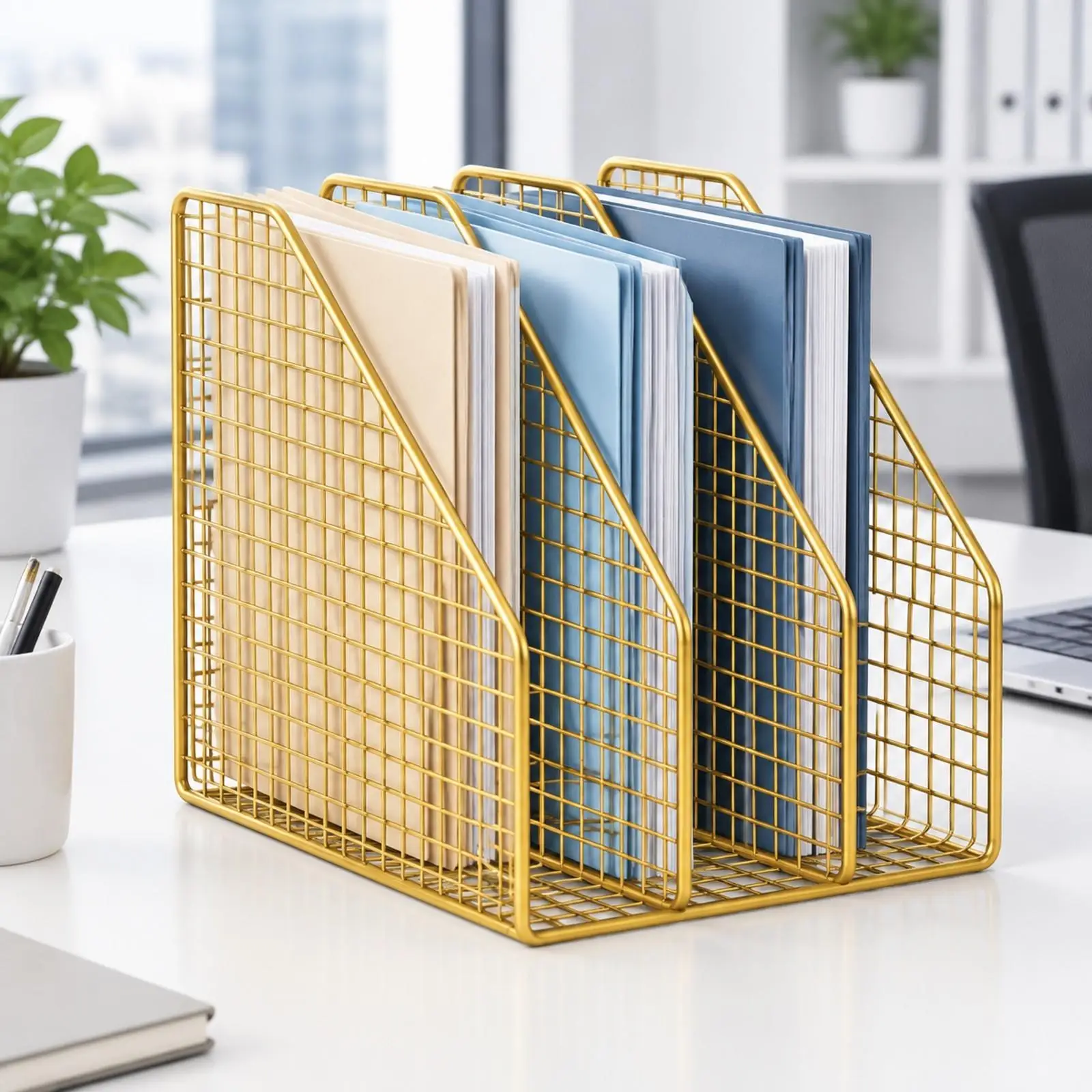 Space Saving Iron Office File Rack with 3 Vertical Slots Mesh Desktop Organizer for Folder Book Document