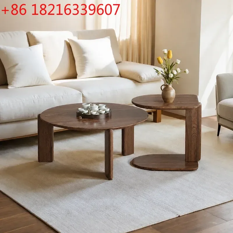 YAO Solid Wood Travertine Coffee Table Minimalist Round Low Tea Table for Small Apartment Living Room Balcony Simple Household
