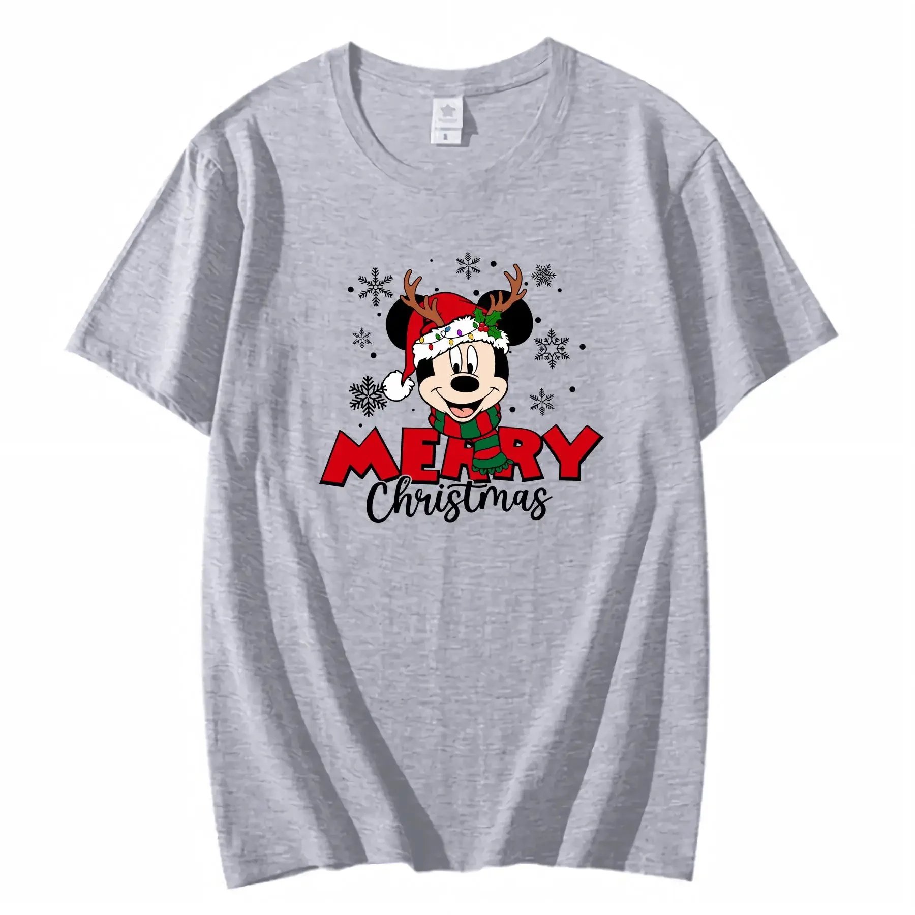 تي شيرت ميكي ماوس عيد الميلاد 100 قطن برقبة دائرية مناسب لجميع المواسم عتيق مغسول أنيق وناعم ومتعدد الاستخدامات قليلاً