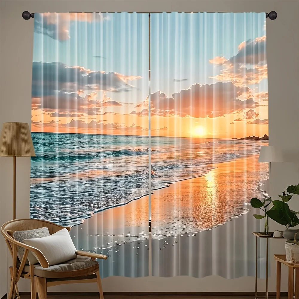 Large Beach Sunset Curtains Ocean View Window Curtains Panels for Living Room Bedroom Decor Modern Filtered Light