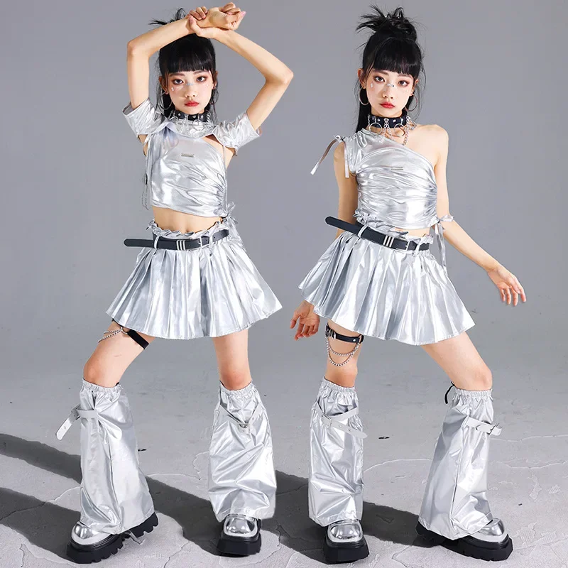 Jazz kpop dança traje meninas prata colheita superior saia plissada conjunto moda passarelas mostrar roupa crianças rua legal streetwear