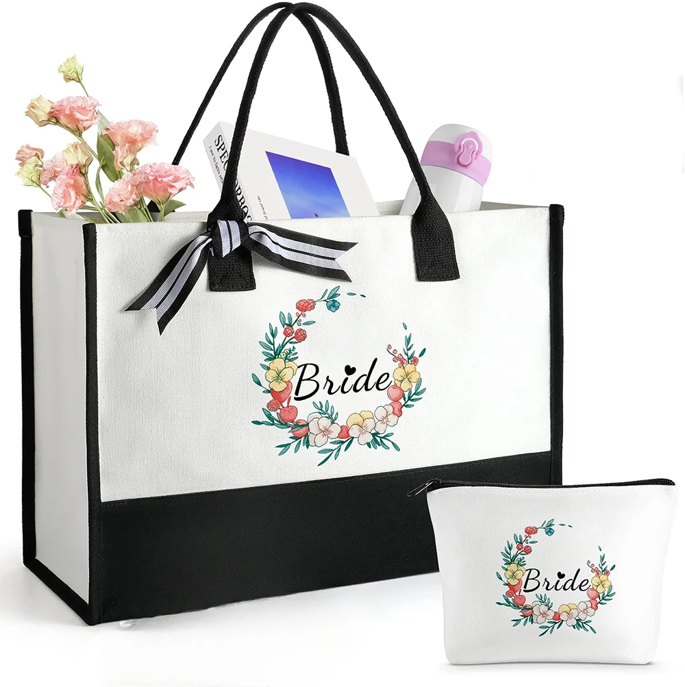 

Bride Floral Canvas Tote Bag with Makeup Bag Bridal Shower Gift Bride to be Gifts for Engagement Wedding Anniversary honeymoon