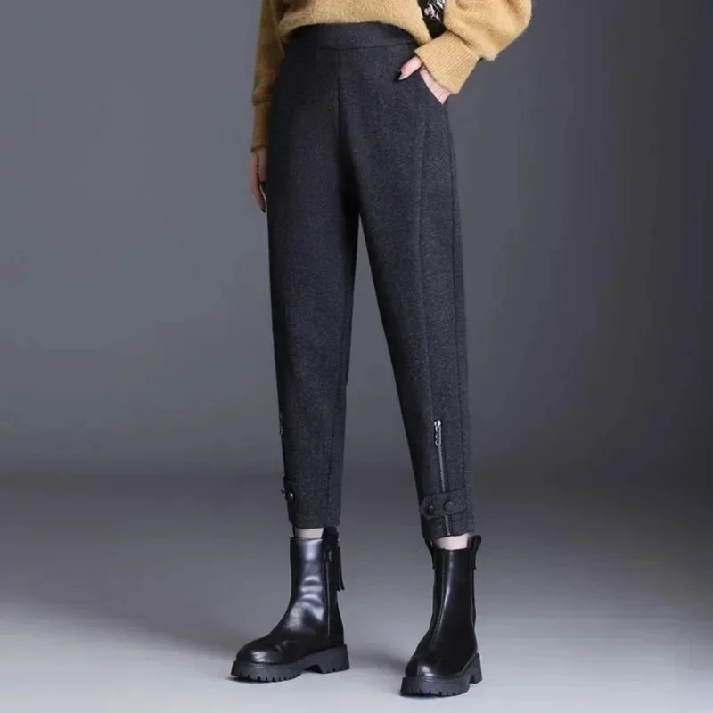 Autumn Winter Korean Office Lady Fashion Wool Zipper Pencil Pants Women Slim Thicken Versatile Elastic Waist Solid Warm Trousers