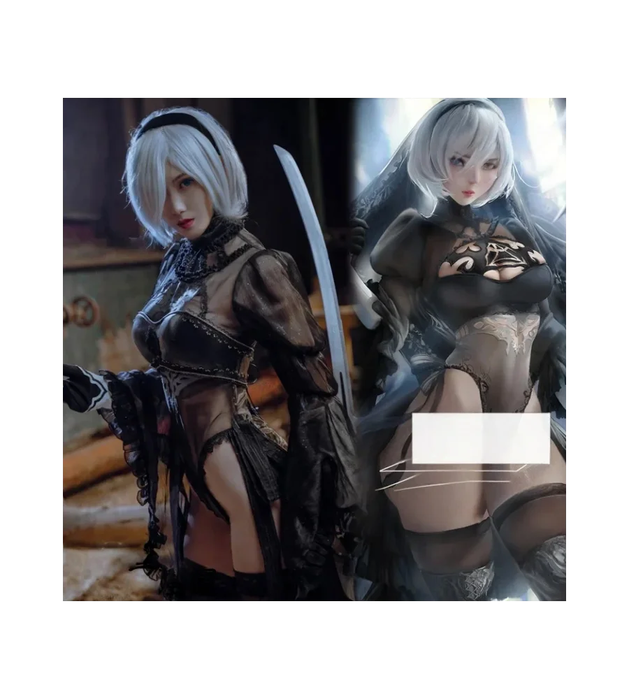 

[Customize]Game NieR Automata 2B Black Marriage Wedding Dress Bodysuit Cosplay Costume Halloween Party Suit For Women Girls Outf