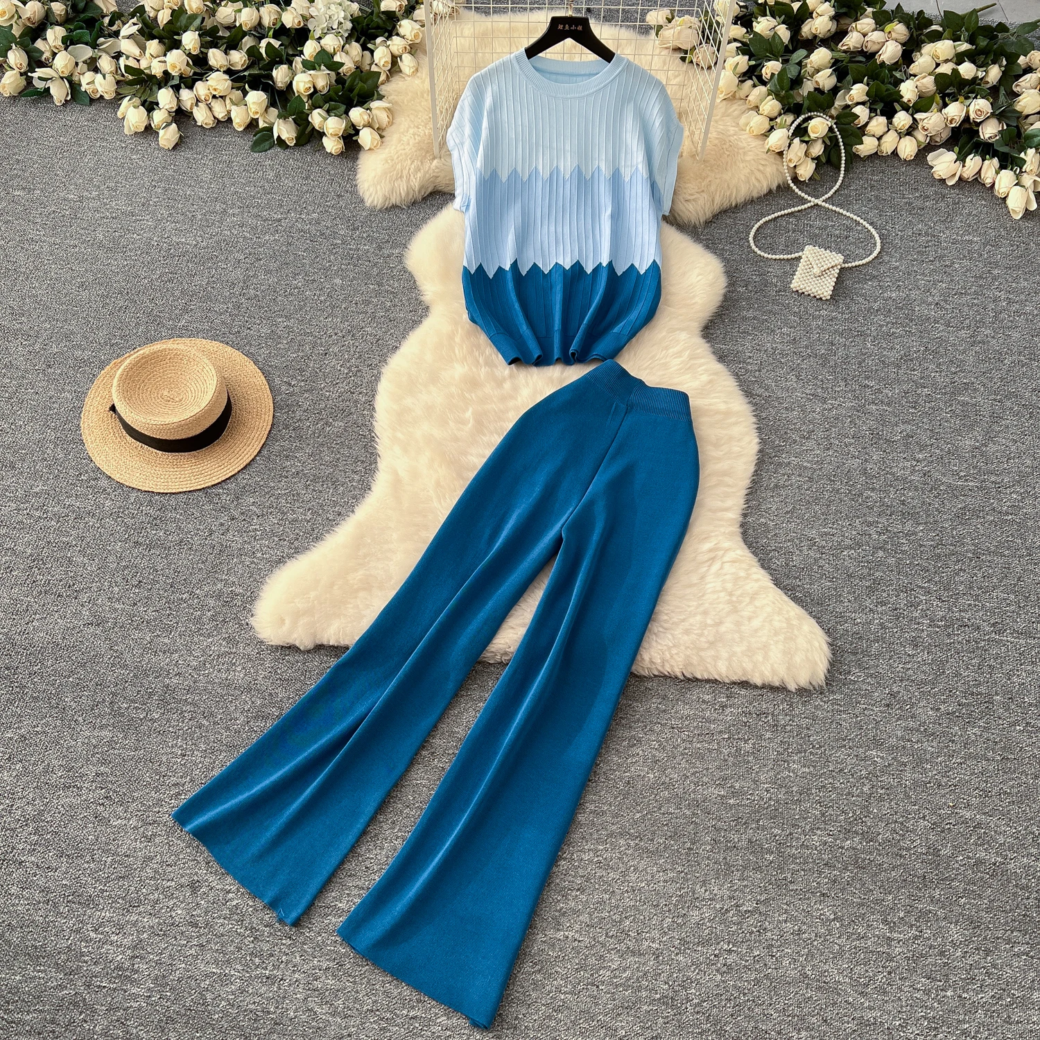 

Summer Two Piece Tracksuit Women Knit T Shirt Set Fashion Collision Color round neck Sleeveless Knit Top+Wide Leg Pants Suits