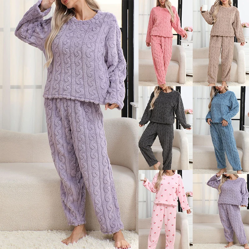 

2025 Autumn Winter New Sleepwear Loungewear Warm Coral Fleece Nightwear Long Sleeve Top Pant Soft Loungewear Lady Outfit