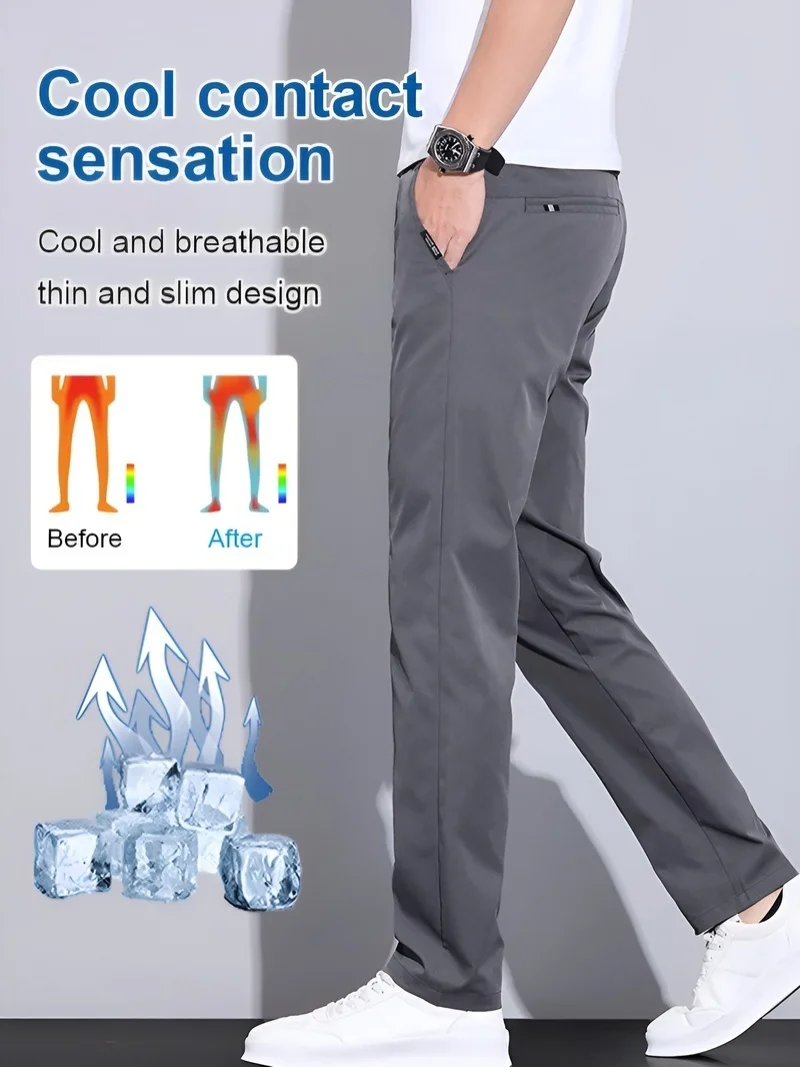 Verano hielo seda hombres casual novedad de verano hombres rectos casual sueltos pantalones de hombre cinturón elástico cremallera larga