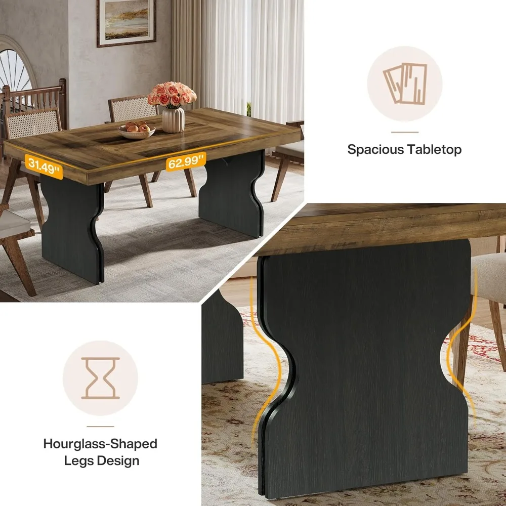 طاولة طعام مستطيلة كبيرة تتسع لـ 4-6 أشخاص، أثاث غرفة العشاء للمطبخ على طراز المزرعة مقاس 63 بوصة