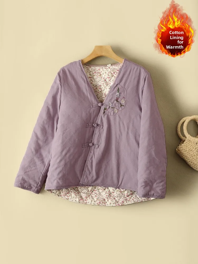 

Embroidered Inner Floral Jaet Cotton Vest V-ne Buttonl Irregular Anti-aging Cotton Coat for Women Retro Sle Thiene...