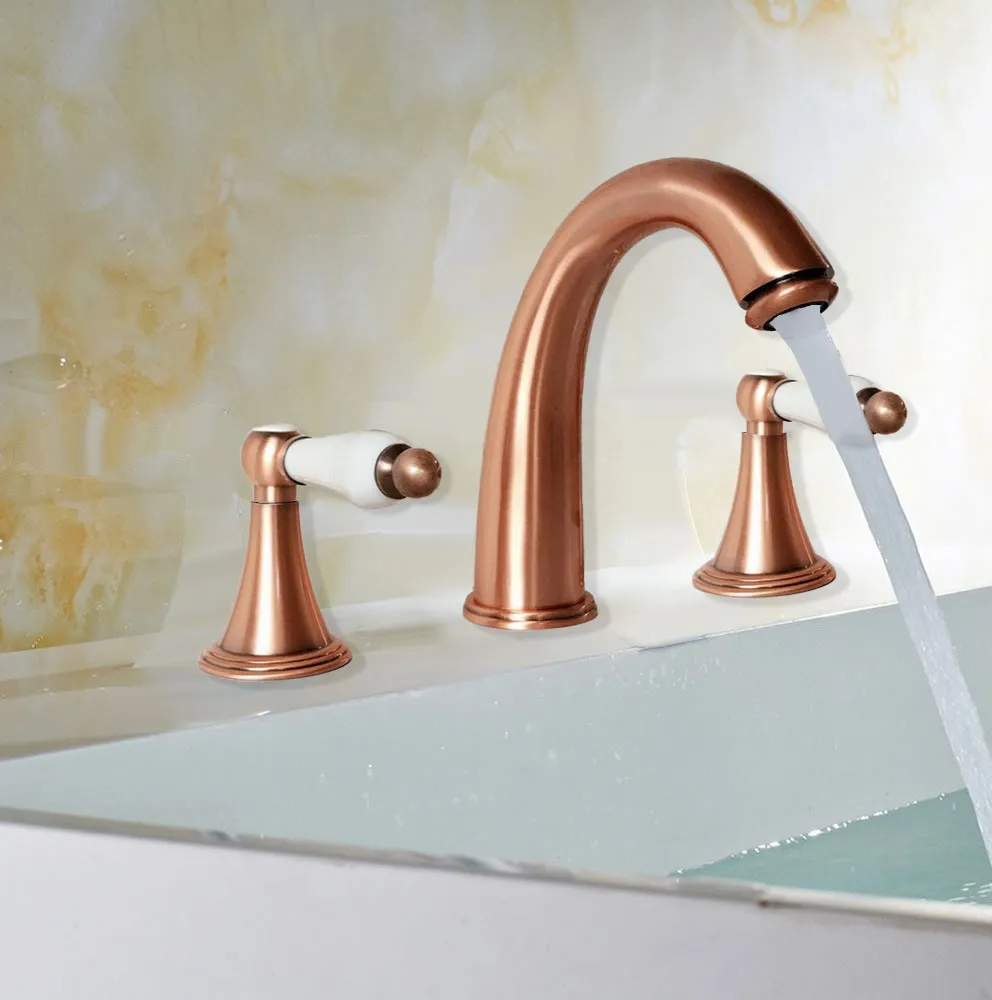 

Antique Red Copper Brass Deck Mounted Dual Handles Widespread Bathroom 3 Holes Faucet Mixer Water Tap arg039