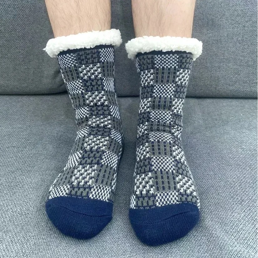 Mens fuzzy Socks Plaid Winter Short Cotton Thickened Home Sleeping Thermal Soft Anti slip Floor Sock Male Gifts Fluffy 2025 New