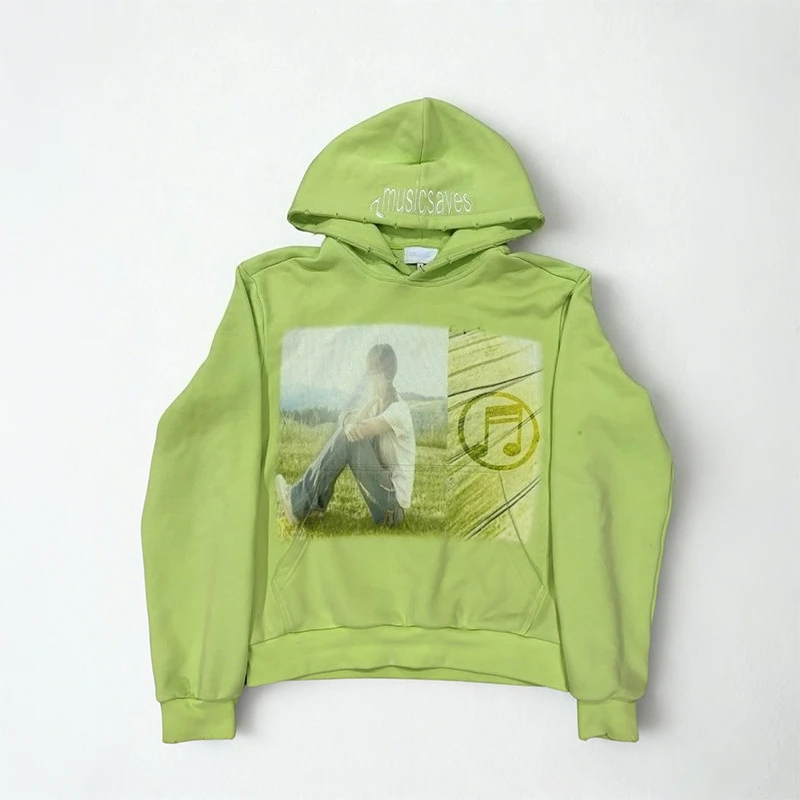 Y2K moda tendencia Sudadera con capucha de gran tamaño Retro música temática impresión gráfica verde Jersey Sudadera con capucha hombres mujeres Casual comodidad ropa de calle