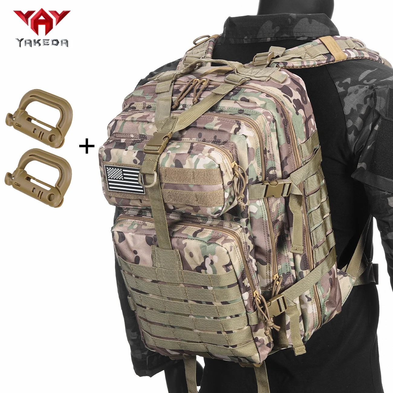 

Спортивный рюкзак YAKEDA's 3P с пряжкой из 2 предметов и эмблемой американского флага имеет многослойные карманы, подходящие для походов.