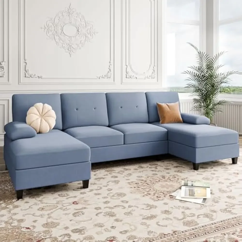 Sectional Couches for Living Room, U Shaped Sofa Couch with Double Chaise, 4-Seat Living Room Furniture Sets with Soft, Blue