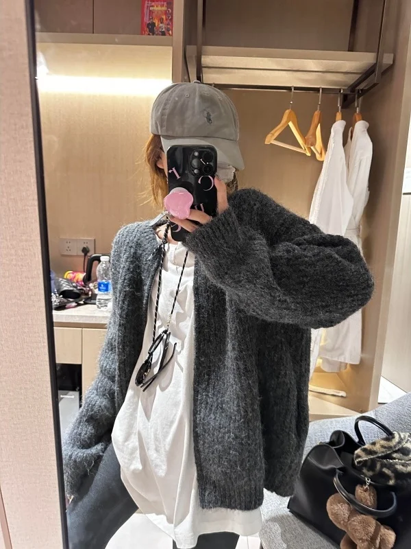 

Повседневный утепленный вязаный кардиган женский свободного кроя с длинными рукавами, V-образным вырезом и застежкой-молнией, модный свитер-пальто для отдыха