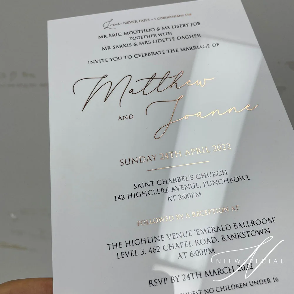 Gold/Silver/Rose Gold foil White Acrylic Invitation, Contemporary Simple Wedding Invitation, Personalized Font and Color