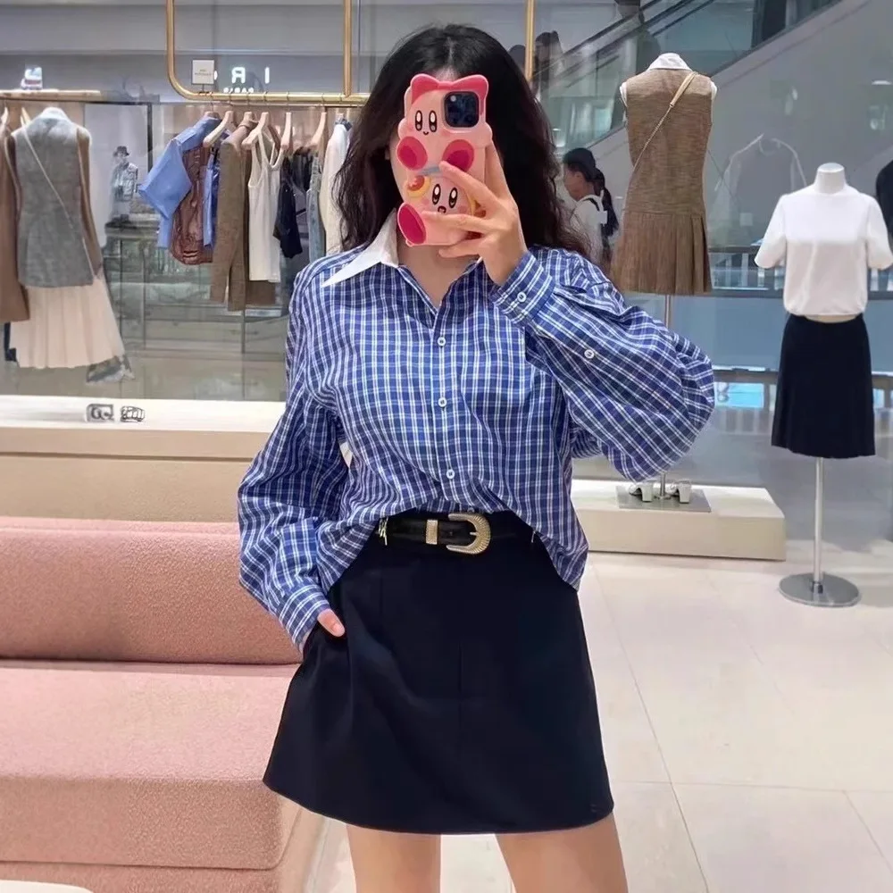 

MaSande: Новинка осени – женская повседневная рубашка-топ с воротником-стойкой, в клетку, с пэчворком, универсальная, с длинным рукавом