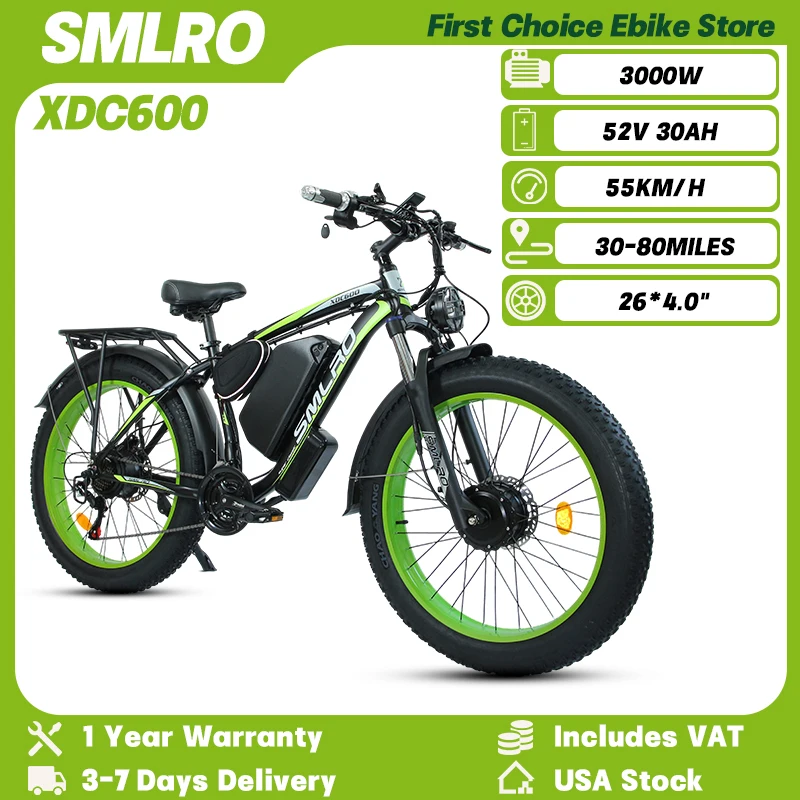 

SMLRO XDC600 Внедорожный электровелосипед для взрослых 3000 Вт 52 В 30 Ач Гидравлические дисковые тормоза Электрический велосипед 26*4.0 "Горный электрический велосипед с толстыми шинами
