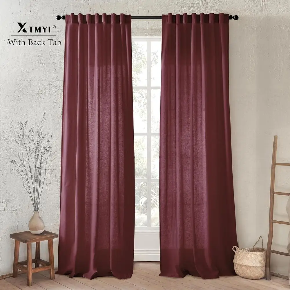 Cortinas semitransparentes estilo lino vino tinto, 108x50, 4 opciones colgantes, juego de 2 para sala de estar y decoración navideña
