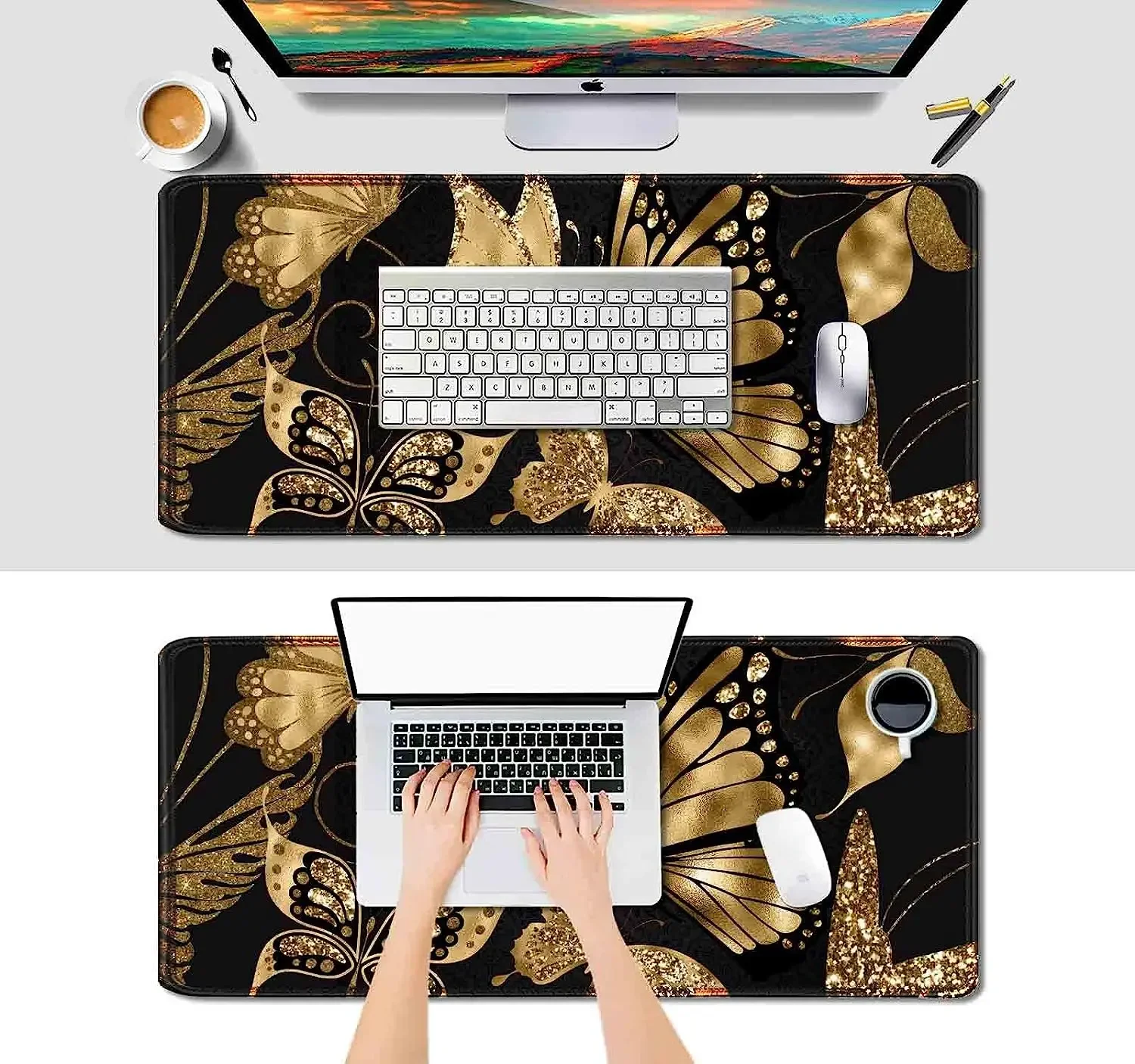 حصيرة مكتب باللونين الأسود والذهبي مقاس 35.4 × 15.7 بوصة XL XXL لوحة ماوس كبيرة للألعاب قاعدة مطاطية غير قابلة للانزلاق على شكل فراشة ذهبية لامعة فنية