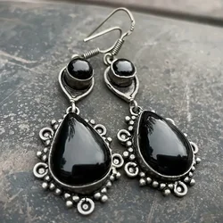 Vintage Tribal Black Stone Earring Indian Jewelry Geometric Triangle Hollow Drop Dangle Earrings